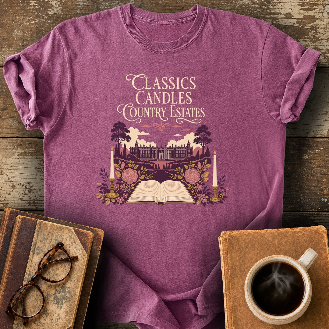 Classics, Candles & Country Estates Tee - berry shirt mockup